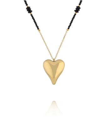 Naszyjnik z czarnego turmalinu i czarnego agatu z pozłacanym sercem NPA1587