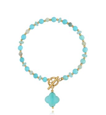 Bransoletka z amazonitami z koniczynką i złotym zapięciem BPA0643