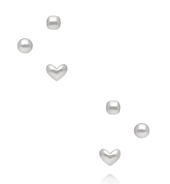 Zestaw srebrnych kolczyków – serce, kulka i geometryczna forma KMB0029