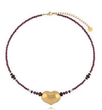 Naszyjnik z granatu, rubinu, czarnego agatu i szkła z pozłacanym sercem NPA1547