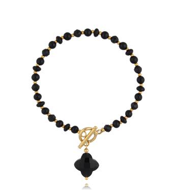 Bransoletka czarna z koniczynką i złotym zapięciem BPA0650