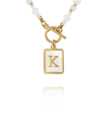 Naszyjnik z kamieni księżycowych i jadeitów z zawieszką z literą K NTW1604