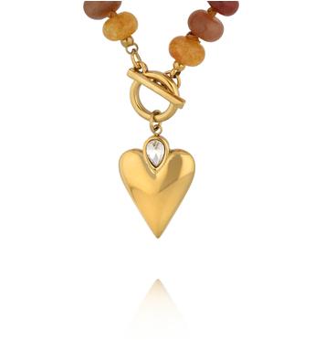 Naszyjnik z kamieni w odcieniach bursztynu i złotym sercem z cyrkonią NPA1502