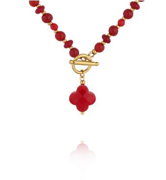 Naszyjnik z czerwonego jadeitu z zawieszką koniczynki NPA1613