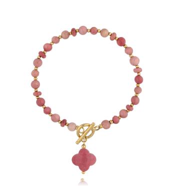 Bransoletka z rodonitami z koniczynką i złotym zapięciem BPA0636