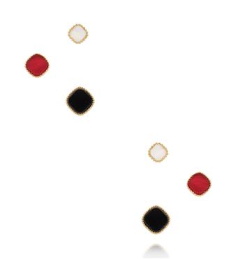 Zestaw złoconych kolczyków z kolorowymi wypełnieniami – biel, czerń i czerwień KMB0038
