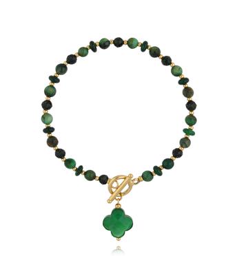 Bransoletka zielona z koniczynką i złotym zapięciem BPA0646