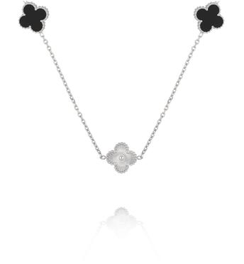 Naszyjnik długi ze srebrnymi  i czarnymi koniczynkami NSY0708
