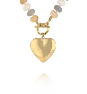Naszyjnik z kamieni w odcieniach beżu i szarości z pozłacanym sercem NPA1516