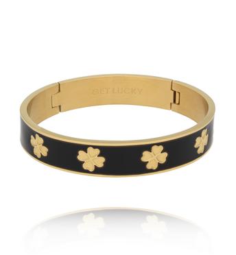 Bransoletka obręcz z koniczynkami emaliowana czarna BSA0987