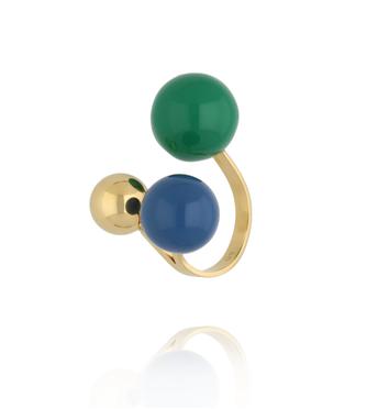 Pierścionek z kolorowymi kulami – zieleń, błękit i złoto PSA1112