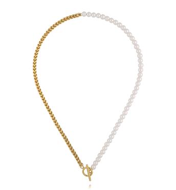 Naszyjnik asymetryczny – perły i złoty splot NSY0585