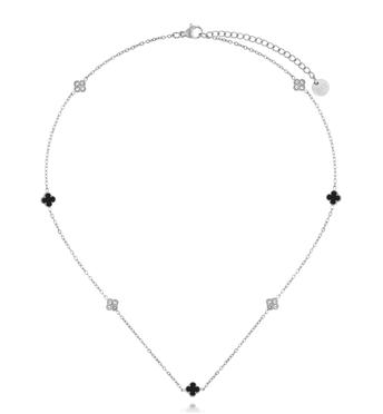 Naszyjnik srebrny z czarnymi koniczynkami i cyrkoniami NSY0742
