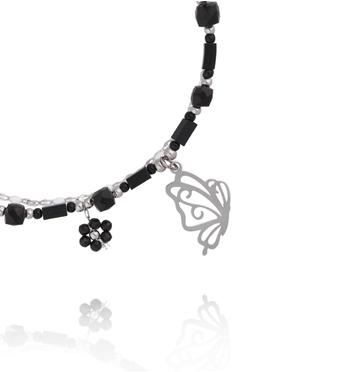 Bransoletka z czarnymi kamieniami i zawieszką motyla BSY0582