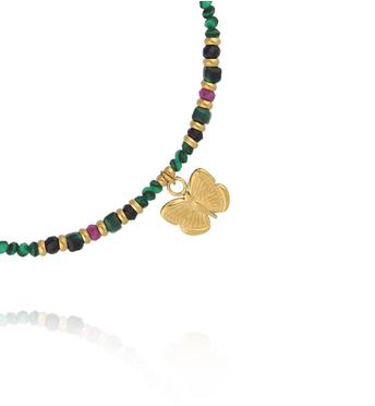 Bransoletka na sznurku z malachitem, czarnym turmalinem i rubinem z zawieszką motyla BTW3588