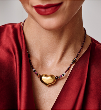 Naszyjnik z granatu, rubinu, czarnego agatu i szkła z pozłacanym sercem NPA1547