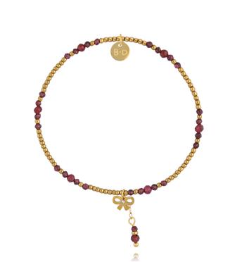 Bransoletka z granatu ze złotymi koralikami i zawieszką kokardki BTW3573