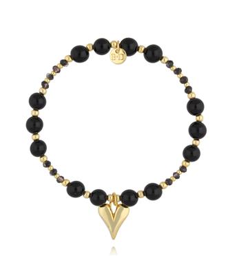 Bransoletka z czarnymi agatami i złotym sercem BMMH4045