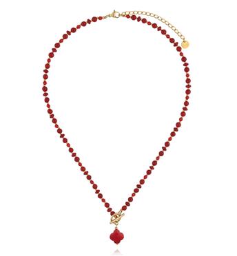 Naszyjnik z czerwonego jadeitu z zawieszką koniczynki NPA1613