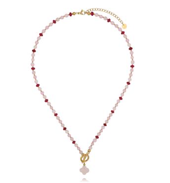 Naszyjnik z kwarcu różowego, jadeitu i kociego oka z zawieszką koniczynki NSC0657