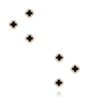 Zestaw złoconych kolczyków czarnych koniczynek z cyrkoniami KMB0040