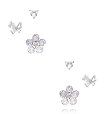 Zestaw srebrnych kolczyków z cyrkoniami – kwiat, serce i kokardka KMB0026