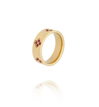 Pierścionek szeroki złoty z motywem koniczynki i cyrkoniami PSY0137