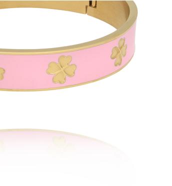 Bransoletka obręcz z koniczynkami emaliowana różowa BSA0989