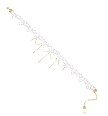 Choker z białej koronki z delikatnymi łańcuszkami i kryształkami NLU0045