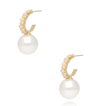 Kolczyki półokrągłe z białą perłą i cyrkoniami  złote KLU0207