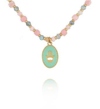 Naszyjnik z różowym opalem i apatytami z zawieszką dłoni Fatimy NTW1638