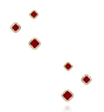 Zestaw złoconych kolczyków z bordowym detalem i cyrkoniami KMB0032