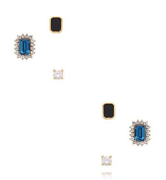 Zestaw kolczyków złoconych z niebieskim kamieniem, czernią i cyrkoniami KMB0003