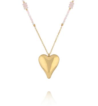 Naszyjnik z różowego kwarcu i różowego opalu z pozłacanym sercem NPA1583