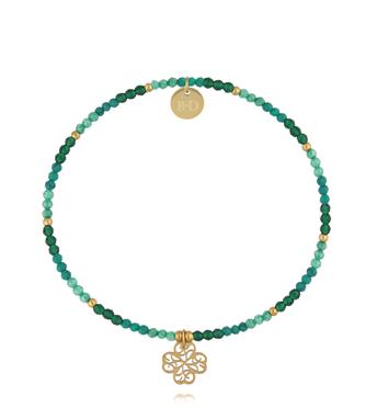 Bransoletka z zielonych cyrkonów i szklanych koralików z zawieszką koniczynki  BTW3694