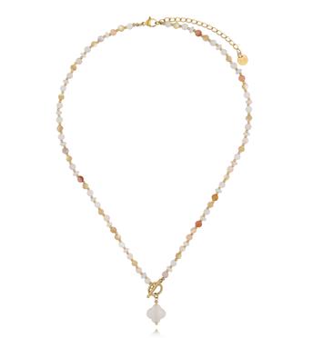 Naszyjnik z muszli i białego jadeitu z zawieszką koniczynki NPA1611