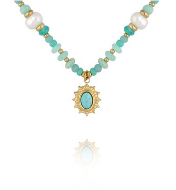 Naszyjnik z amazonitem, perłami i turkusową zawieszką NTW1587