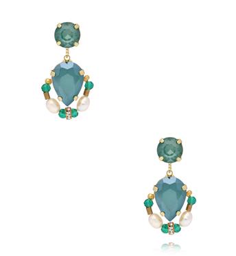 Kolczyki zielone z perłami i kryształami KGA0054