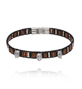 Bransoletka męska z koralikami i czaszkami, czarno-brązowa BMITC1012
