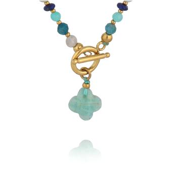 Naszyjnik z amazonitu, lapisu i apatytu z zawieszką koniczynki NSC0658