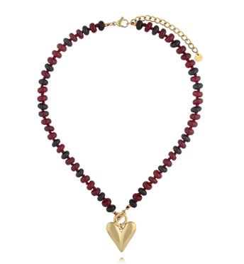 Naszyjnik z bordowych i czarnych kamieni z pozłacanym sercem NPA1590