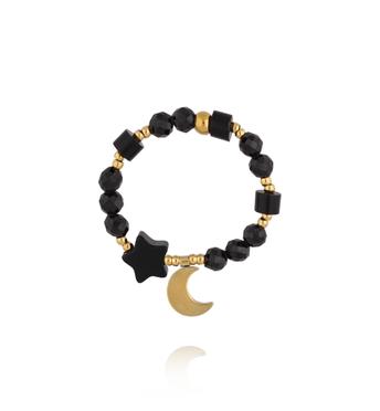 Pierścionek czarny z księżycem i gwiazdką PSC0777