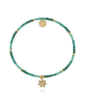 Bransoletka z zielonych cyrkonów i szklanych koralików z zawieszką kwiatka BTW3692