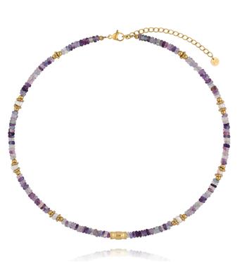 Naszyjnik z fluorytu i pereł słodkowodnych ze złotymi detalami NEA0079