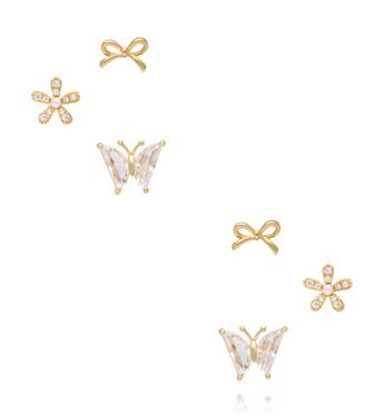 Zestaw złoconych kolczyków – kokardki, kwiatki i motylki KMB0010