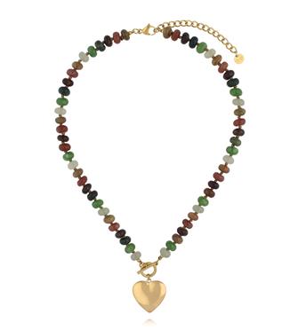 Naszyjnik z kamieni w odcieniach zieleni i brązu ze złotym sercem NPA1515