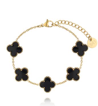 Bransoletka z czarnymi koniczynami w złotej oprawie BSA0996