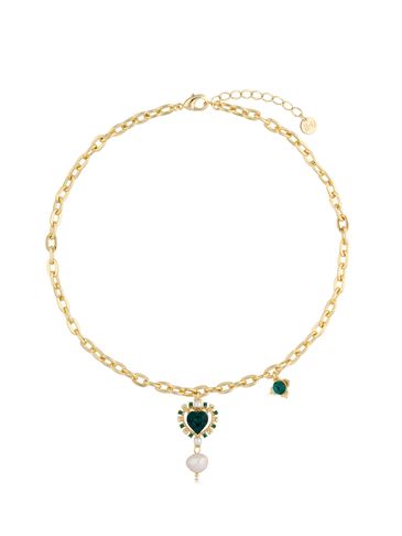 Naszyjnik złoty z zielonym kryształowym sercem i perłami Nicole NS0029