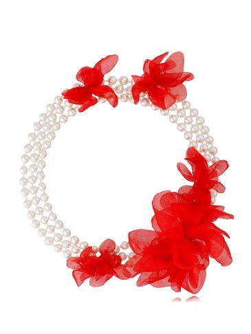 Naszyjnik czerwony z perłami i kwiatami z satyny Bloom NBL0049