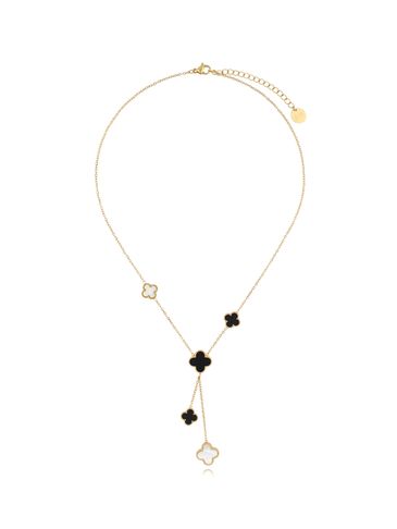 Naszyjnik złoty z czarnymi i perłowymi koniczynkami Clover NSY0170